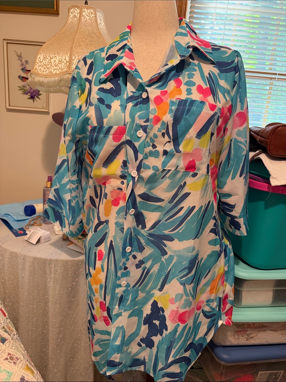 Women's Teal & Multi-Color Button-Down Shirt - Lightweight Collared Top